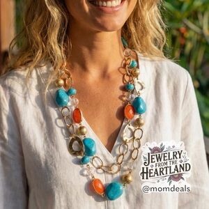 Double Strand Statement Necklace Coral Blue Gold Tone Charming Charlie EUC